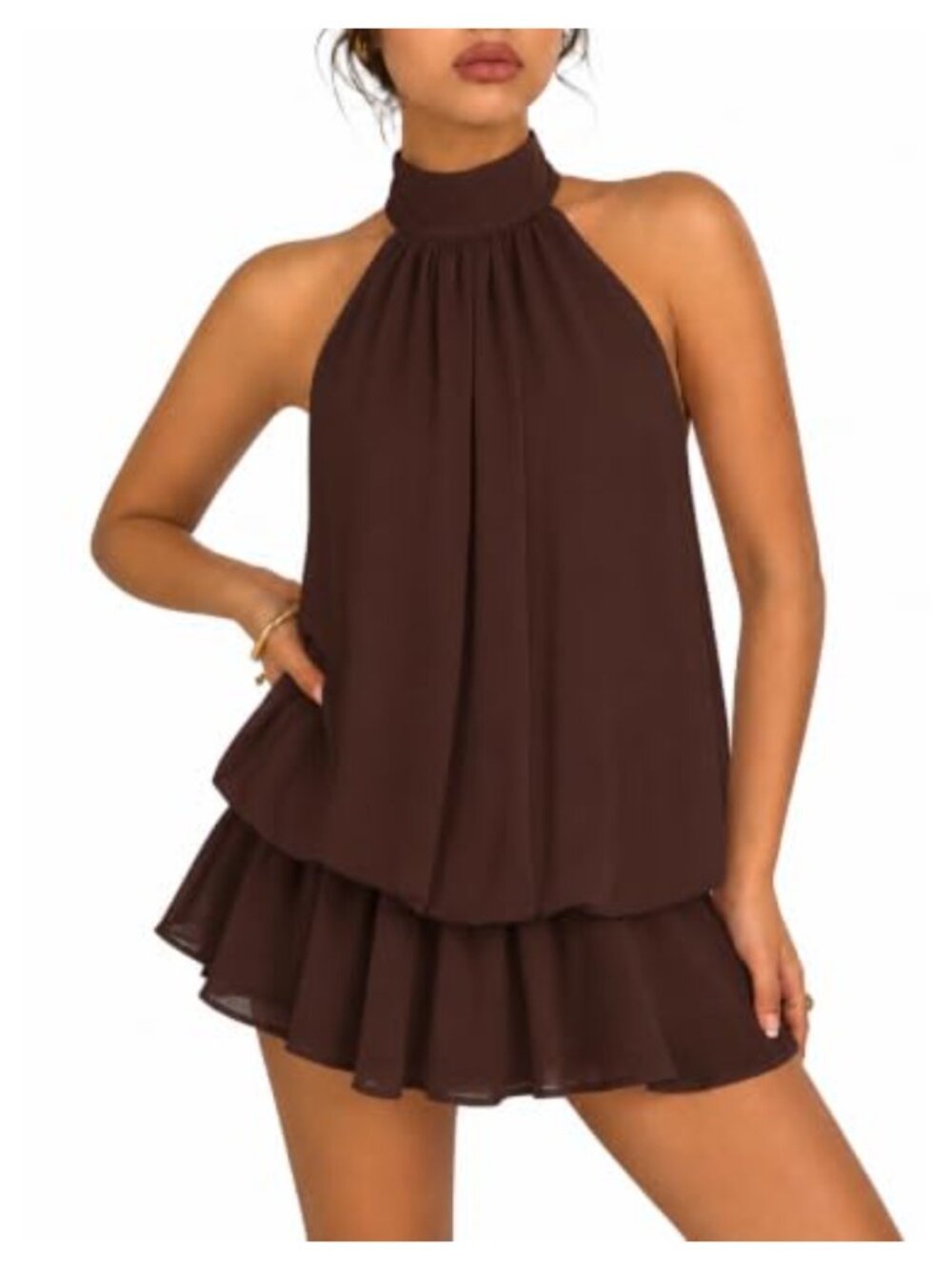 Ruffle Backless Mini Dress Chiffon Halter Sleeveless Party Wedding Guest